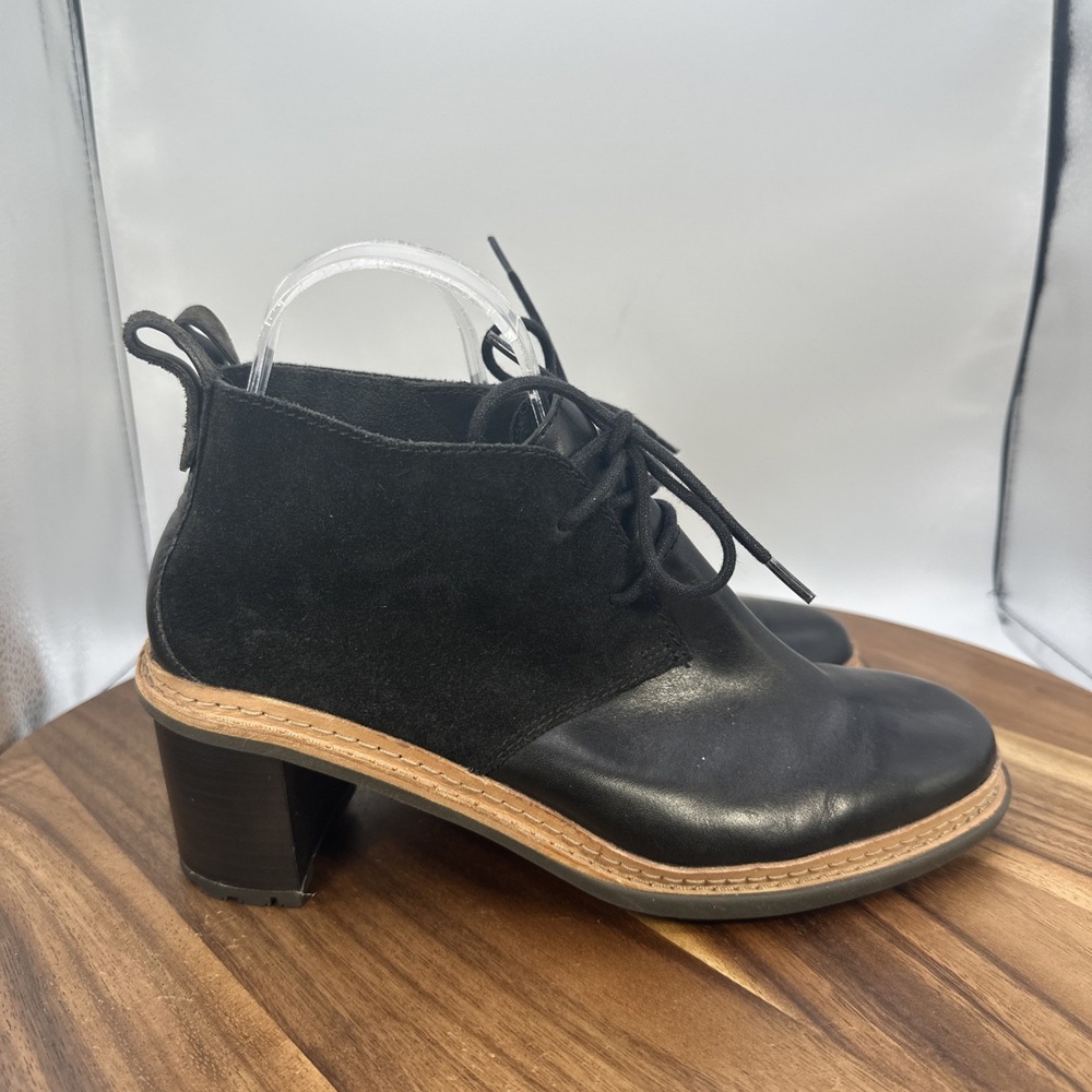 Clarks Trace Glow Ankle Boots Black Leather Lace Up Heels Preppy‎ Women's 8.5 M